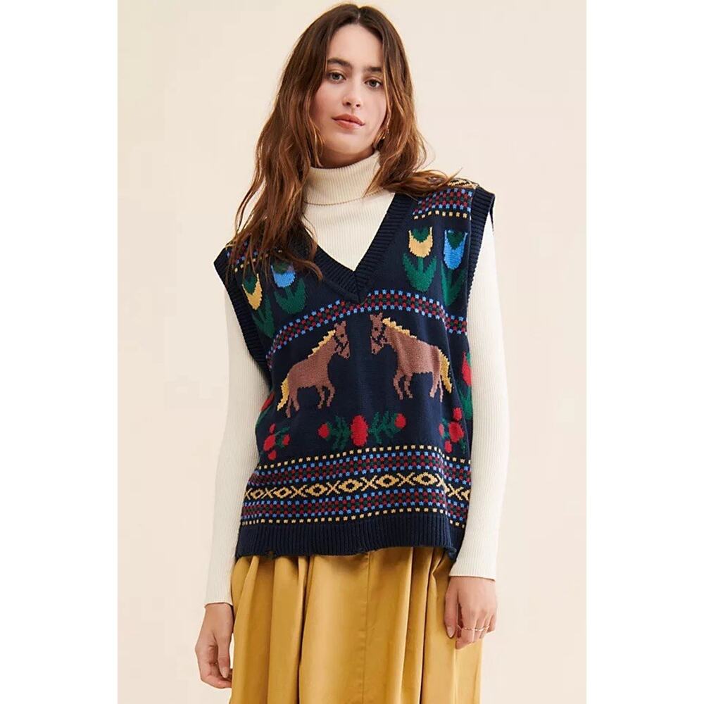 Free People x Found Horse Isles Vest Oversized Knit Vintage Equestrian‎ Medium - Picture 9 of 10